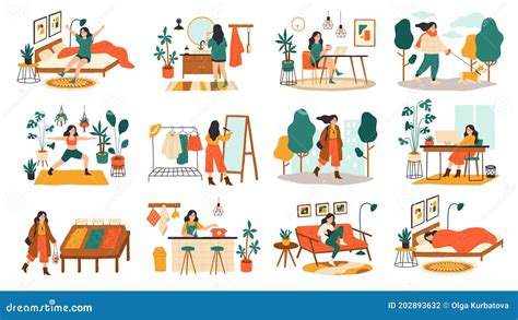 Woman Daily Routine Set Girl In Everyday Life Vector Illustration On A
