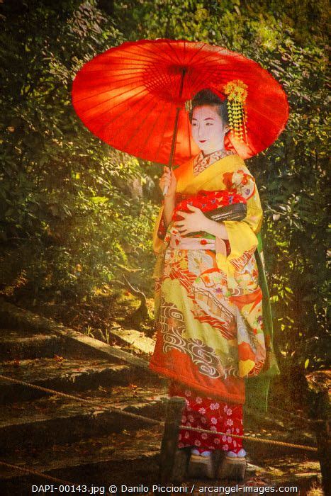 Full Body Front View Of A Geisha In Yellow Geisha