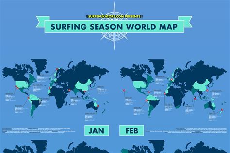 A Surfing Season World Map With All The Best Surfing Spots Per Each