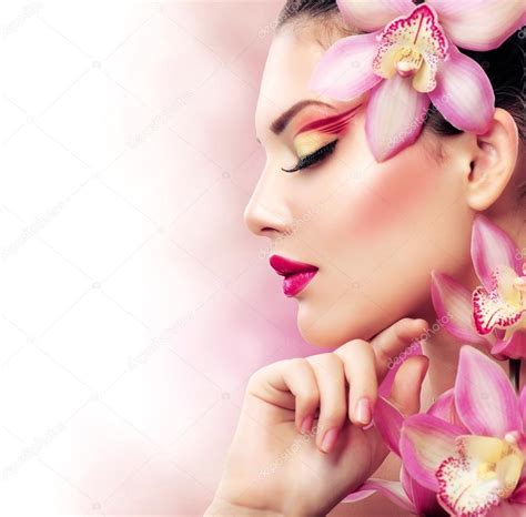 Beautiful Girl With Orchid Flowers Perfect Make Up