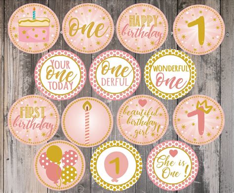 Pink And Gold First Birthday Cupcake Toppers Baby Girl