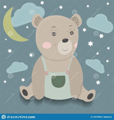 Urso Bonito Dos Desenhos Animados Cercado Por Estrelas Por Nuvens E
