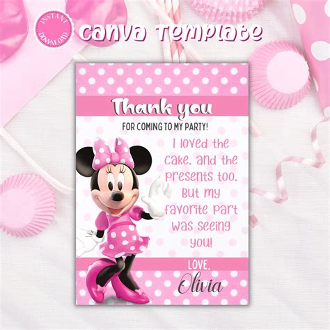 Minnie Mouse Thank You Card Digital Download Canva Template Etsy
