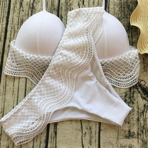 Calofe Sexy White Micro Bathing Suit Swimsuit Mesh Embroidered Lace