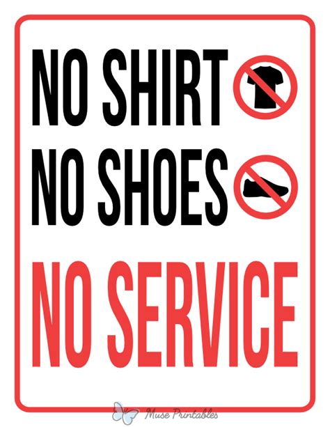 Printable No Shirt No Shoes No Service Sign