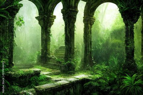 An Abandoned Palace Overgrown By Jungle Vegetation And Moss Antique