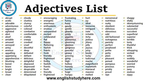 Adjectives List English Study Here