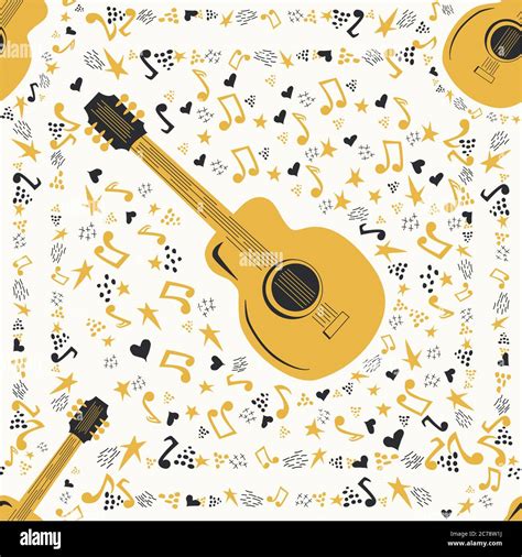 Musical Seamless Pattern With Music Notes Guitar Hand Drawn Country