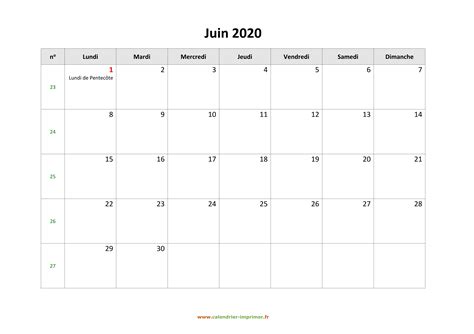 Calendrier Juin 2020 à Imprimer