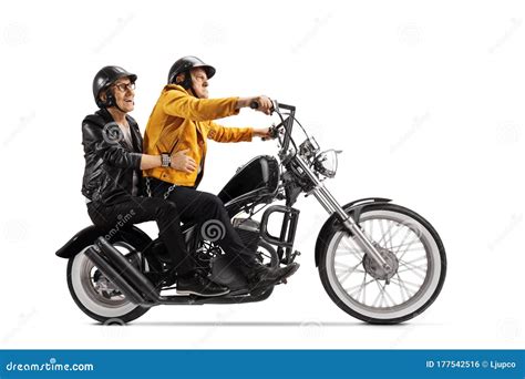 Two Senior Men Riding On A Chopper Motorbike Stock Photo Image Of