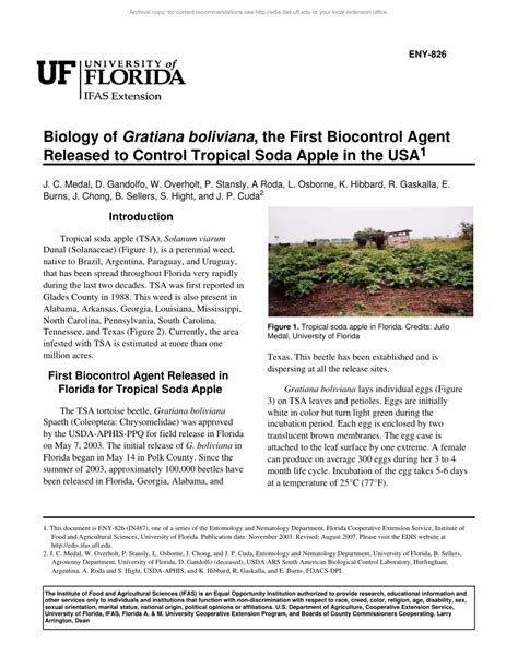 pdf biology of gratiana boliviana the first biocontrol agent released to control tropical