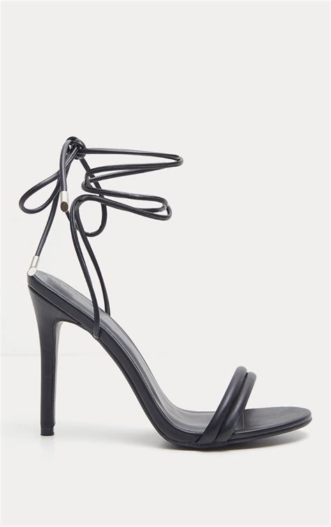 Black Strappy Leg Tie Heeled Sandal Shoes Prettylittlething Usa