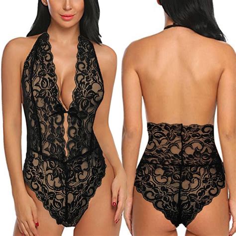 Buy Women One Piece Sexy Backless Lingerie Lace V Neck Bodysuits Halter