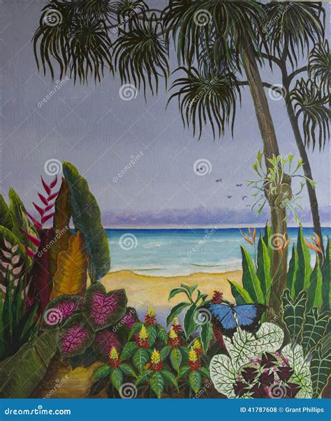 Original Acrylic Painting Of Tropical Beach Stock Illustration