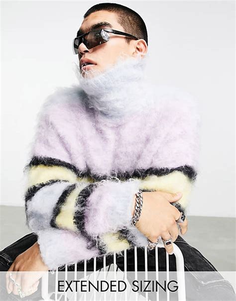 Asos Design Extreme Fluffy Turtleneck Sweater With Stripes Asos