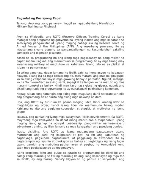 Position Paper About Mandatory Military Training Pagsulat Ng Posisyong Papel Tanong Ano Ang