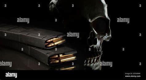 Human Skull On A Black Backgorund With Loaded High Capacity Magazines