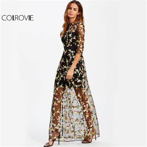 colrovie botanical embroidery maxi dress floral mesh overlay 2 in 1 women elegant long dress