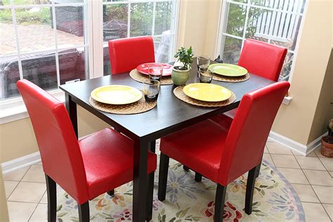 Beautiful shaped set of four dining chairs manufactured by hornslet mobelfabrik a/s, denmark 1960. 5pc Espresso Dining Room Kitchen Set Table & 4 Red Parson ...