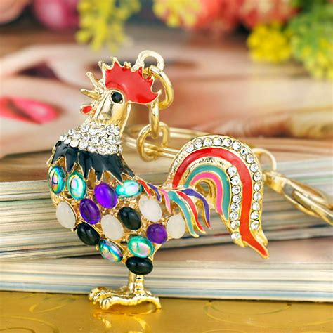 Pretty Cute Opals Cock Rooster Chicken Keychains Crystal Bag Pendant