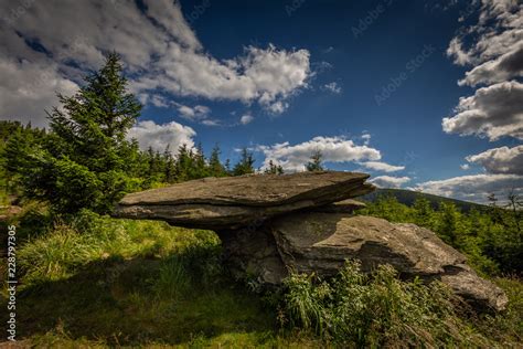 Big Flat Rock Sitting On Other On Obri Skaly With Green Grass Pine