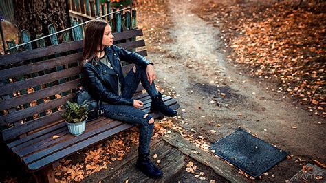 Hd Wallpaper Women Model Brunette Outdoors Leather Jackets Black