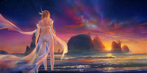 Wallpaper Landscape Fantasy Girl Sunset Sea Long Hair Anime