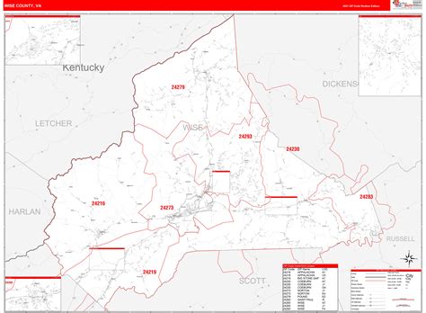 Wise County, VA Zip Code Wall Map Red Line Style by MarketMAPS