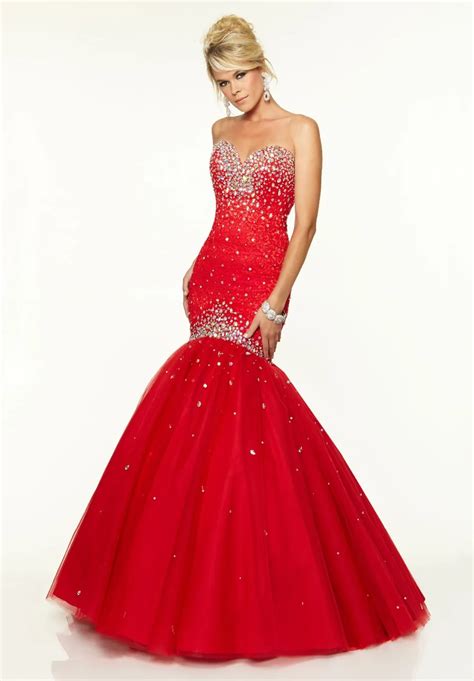 Sweetheart Neckline Strapless Lace Tulle Long Red Mermaid Prom Dress In Prom Dresses From