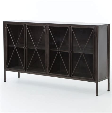 Aged Black Metal Media Console Sideboard Iron Sideboard Traditional Sideboard Glass Shelves