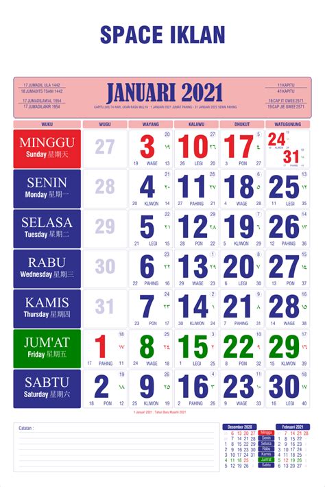 Template Kalender 2021 Satu Lembar Celoteh Bijak