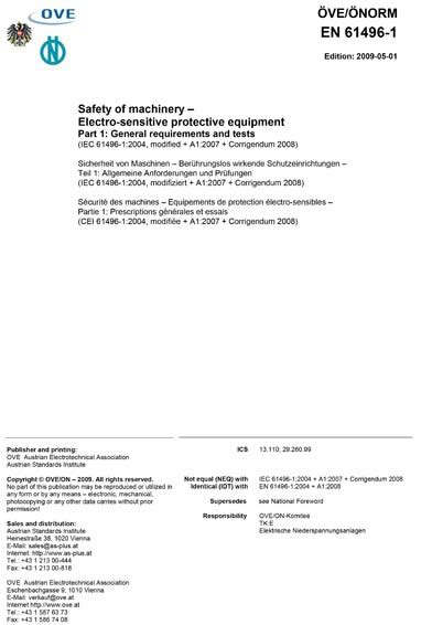 OVE ONORM EN 61496 1 2009 Safety Of Machinery Electro Sensitive