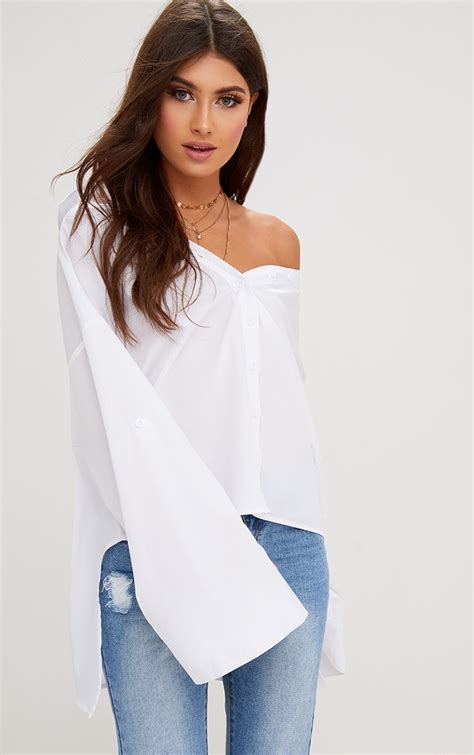 White Oversized Off Shoulder Shirt Tops Prettylittlething Uae