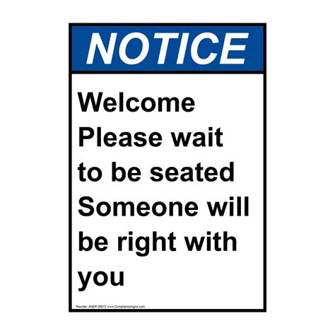 Portrait Ansi Welcome Please Wait To Be Seated Sign Anep 35072
