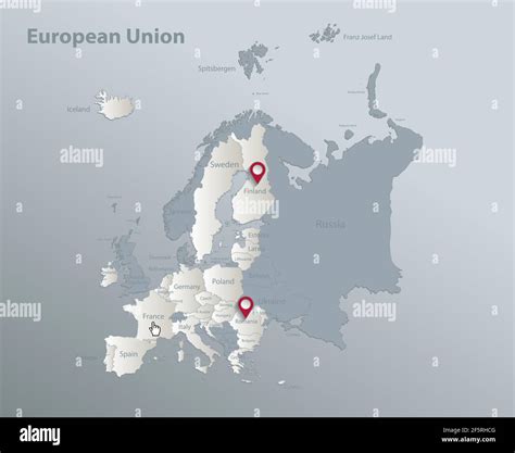 European Union Map Europe States With Names Blue White Card Paper 3d