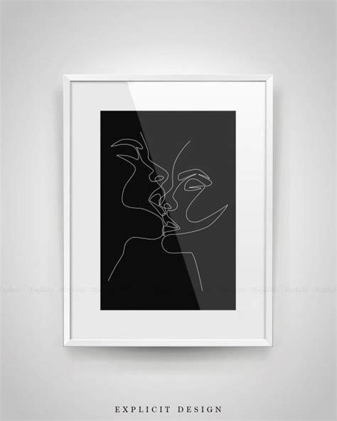 Couple Kiss Printable One Line Drawing Print Black Background Intimacy Artwork Poster