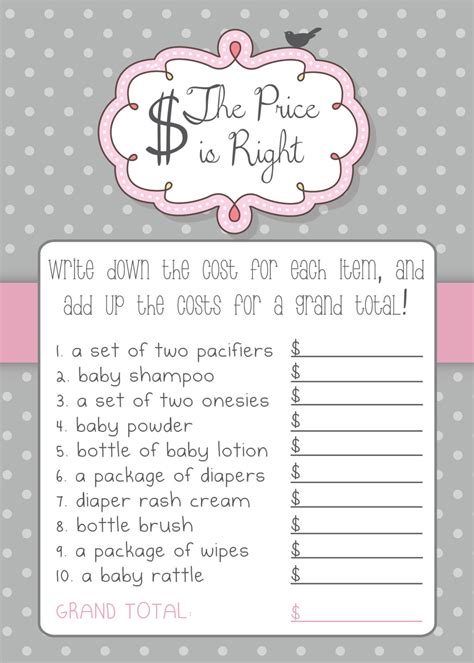 Here is another very interesting free printable baby shower game that is called the price is right. The Price is Right Baby Shower Game