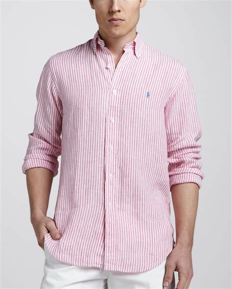 Polo Ralph Lauren Striped Linen Sport Shirt In Pink White Pink For