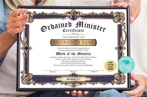 Editable Certificate Of Ordination Template Diy Ordained Minister