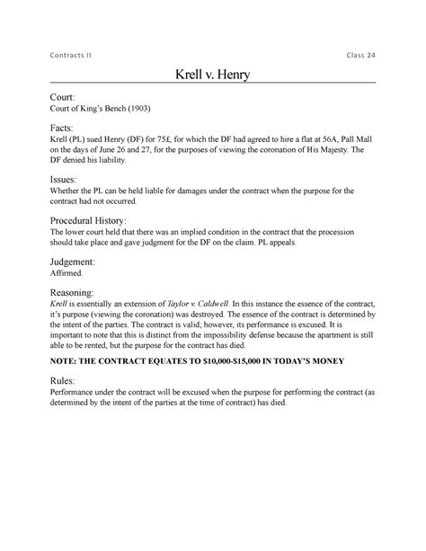 Krell V Henry Case Brief Contracts Ii Class 24 Krell V Henry