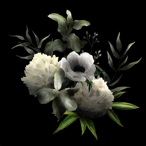 Schöner blumenstrauß von tulpen auf weißem hintergrund. Üppiger blumenstrauß in zurückhaltendem, schwarzem hintergrund, weißer anemone und pfingstrosen ...