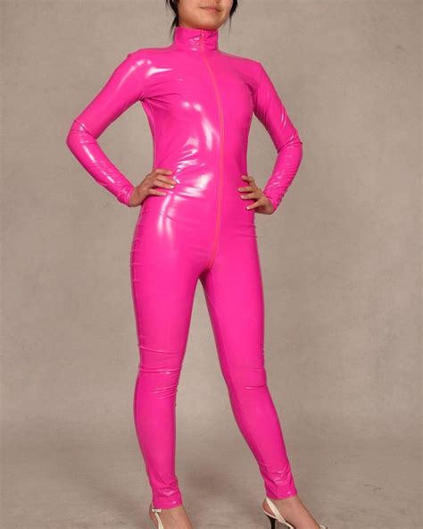 Pink Pvc Bodysuit Zentai Suit Wet Look Leotard Latex Jumpsuit Leather
