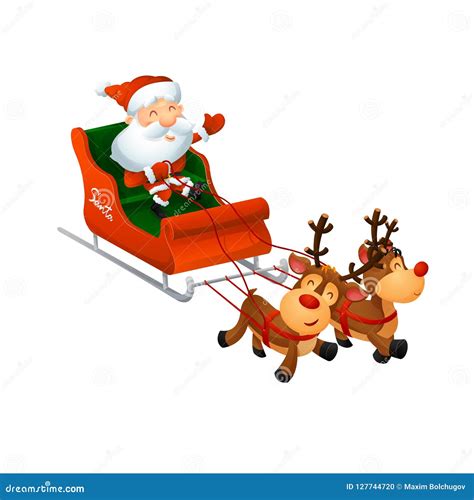 Cartoon Cute Santa Claus On A Sleigh With Funny Reindeer Stock Vector Illustration Of Funny