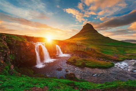 Waterfalls And Kirkjufell Sunrise Iceland Stock Photo Image Of