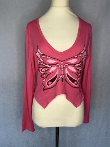 Shein M10 Pink Butterfly Print Long Sleeve V Neck Cropped Top Ebay