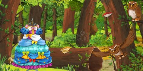 Cartoon Summer Scene With Deep Forest And Bird Owl And Beautiful Dress