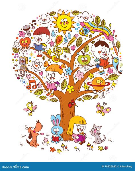 Kids Reading On A Tree Vector Illustration 79826942