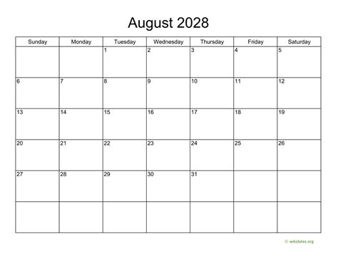 Basic Calendar For August 2028