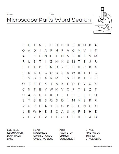 Microscope Parts Word Search Free Printable