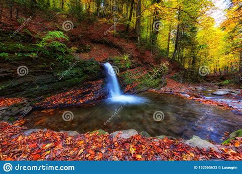Amazing Nature Autumn Landscape With Waterfall In The Forest Stock